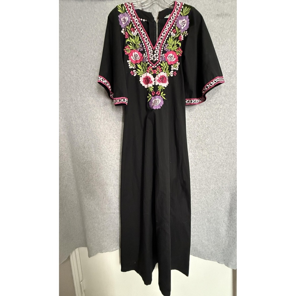 Vtg Caro Of Honolulu Dress‎ Womens 10 Black Floral Embroidered Kaftan Maxi 70s